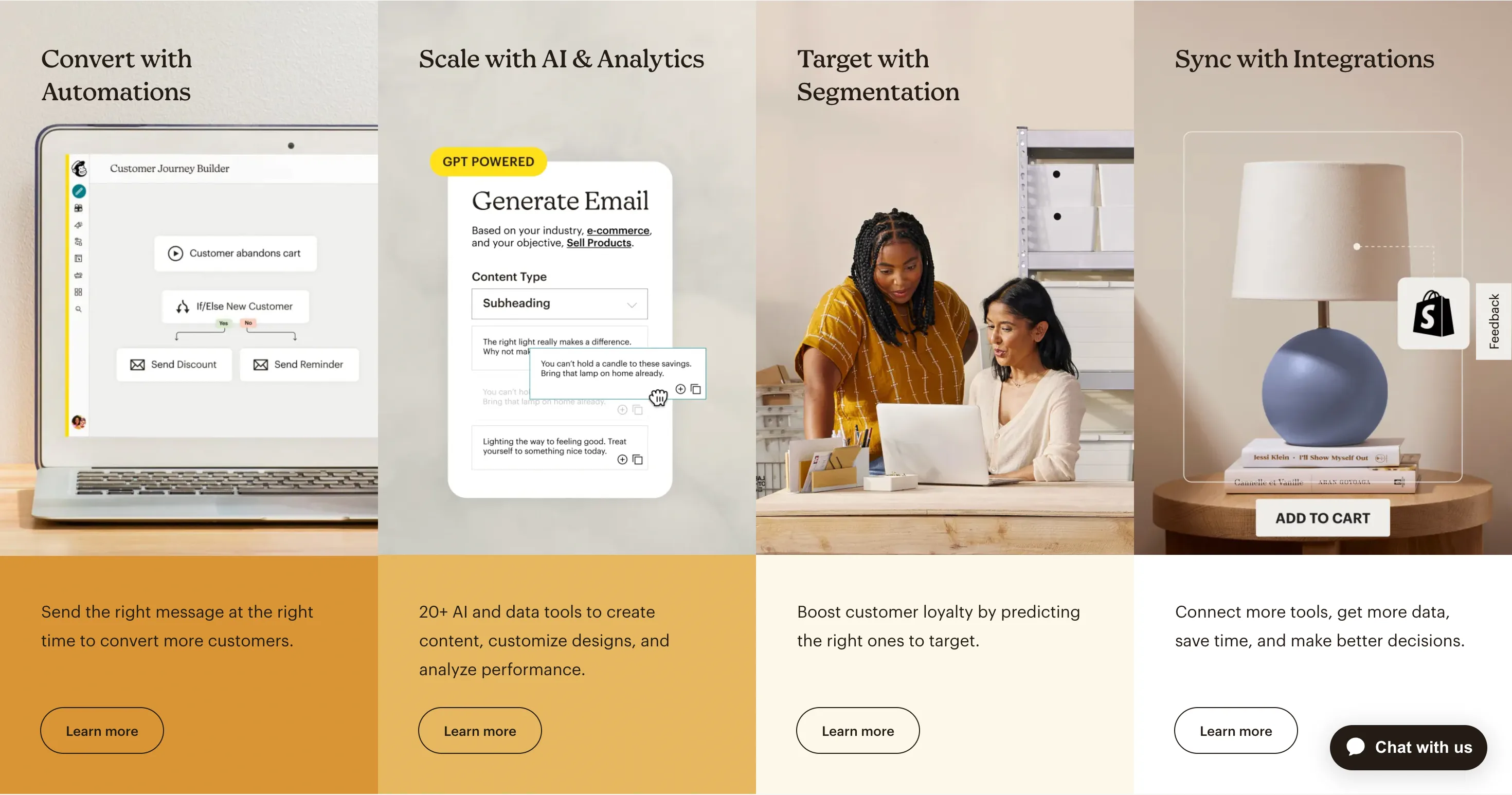 Mailchimp feature panels: convert with automations, scale with AI and analytics, target with segmentation, and sync with integrations