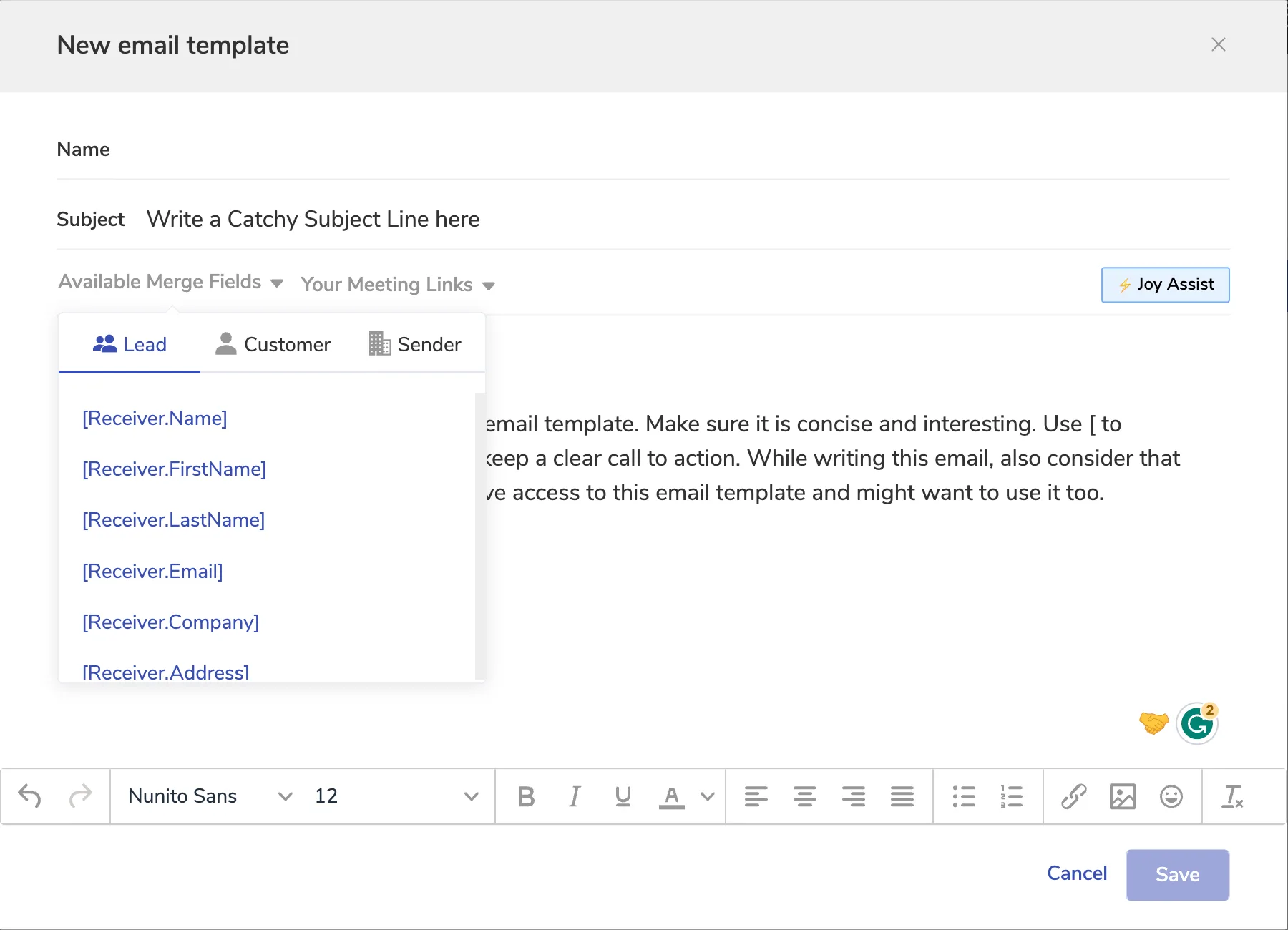 Clientjoy email template editor with the available merge fields list open: receiver name, first name, last name, email, company and address