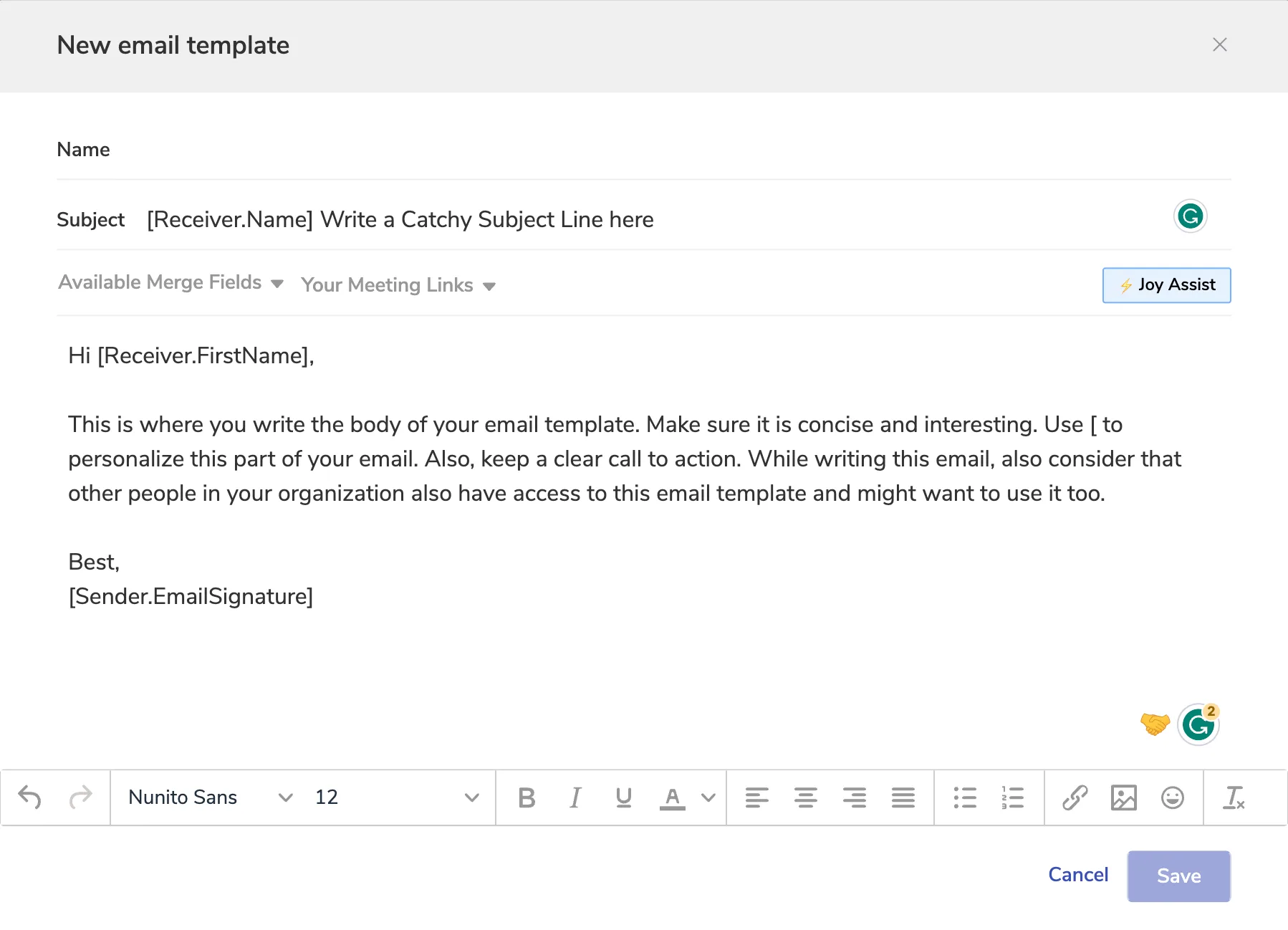 Clientjoy email template using a merge field in the subject line and a body personalised with the receiver's first name and the sender's signature