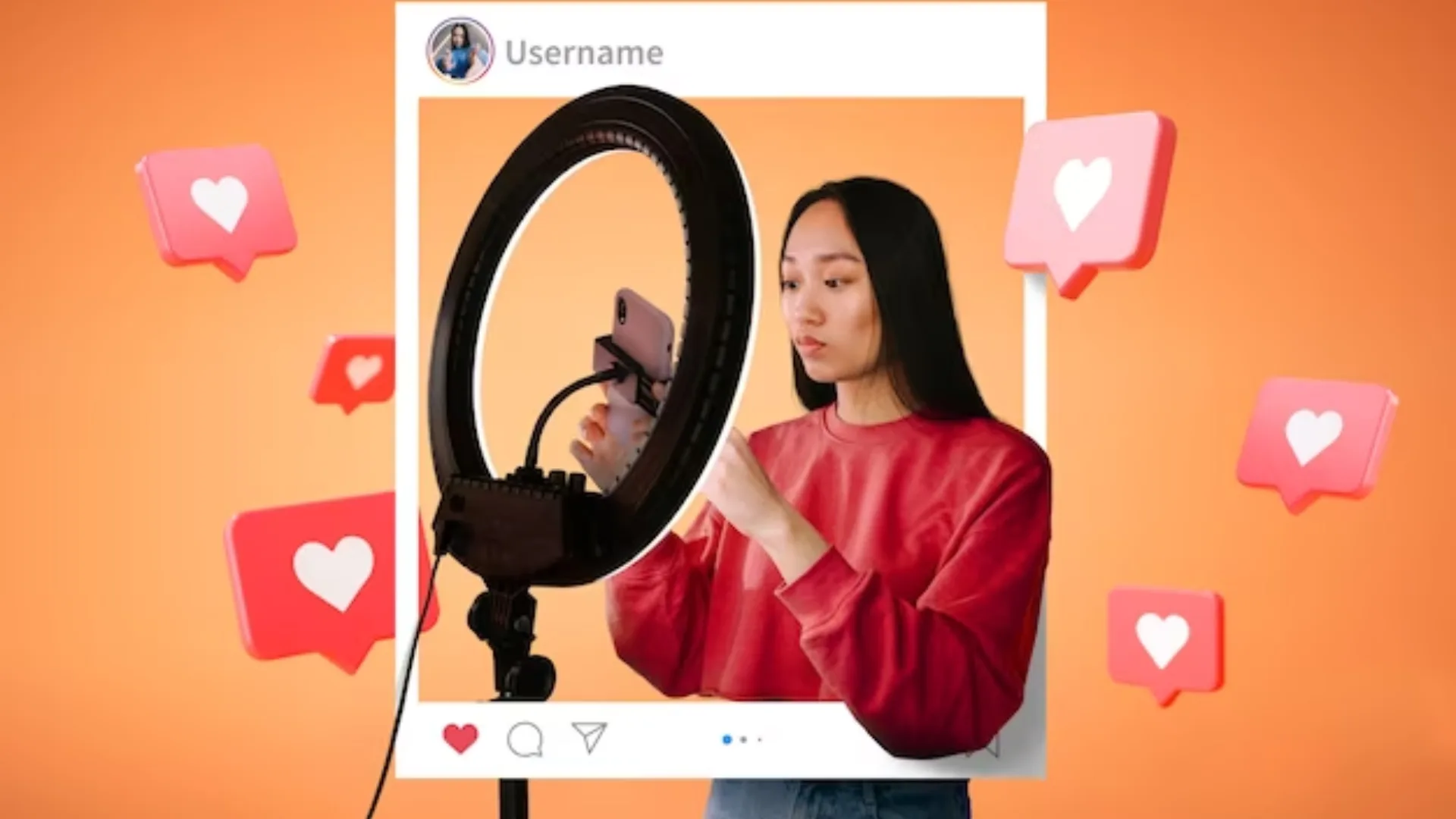 Content creator filming with a ring light and phone, styled as an Instagram post surrounded by like icons