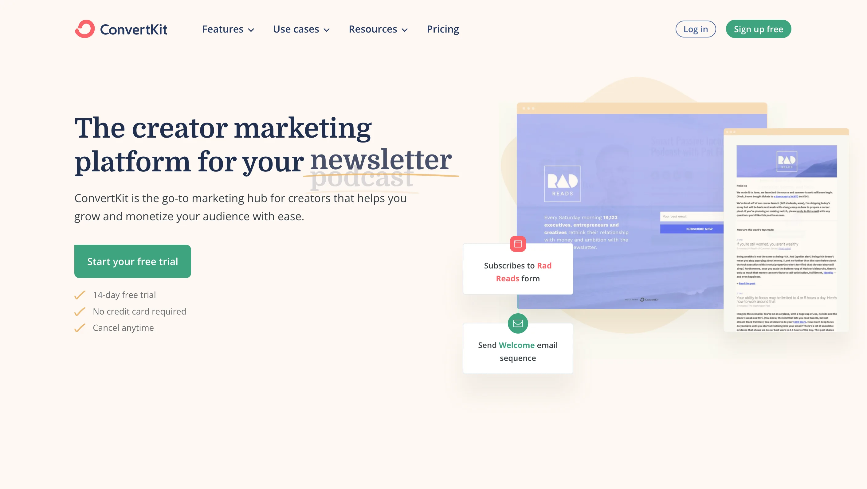 ConvertKit homepage: the creator marketing platform for your newsletter, with a start-your-free-trial button