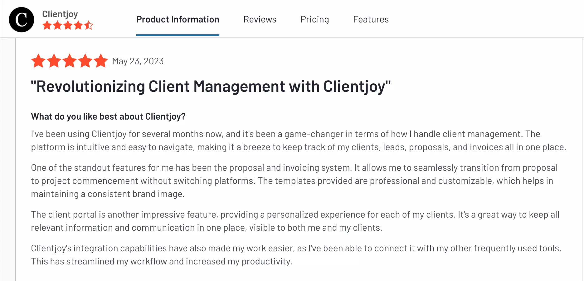Clientjoy Customer Testimonial on G2