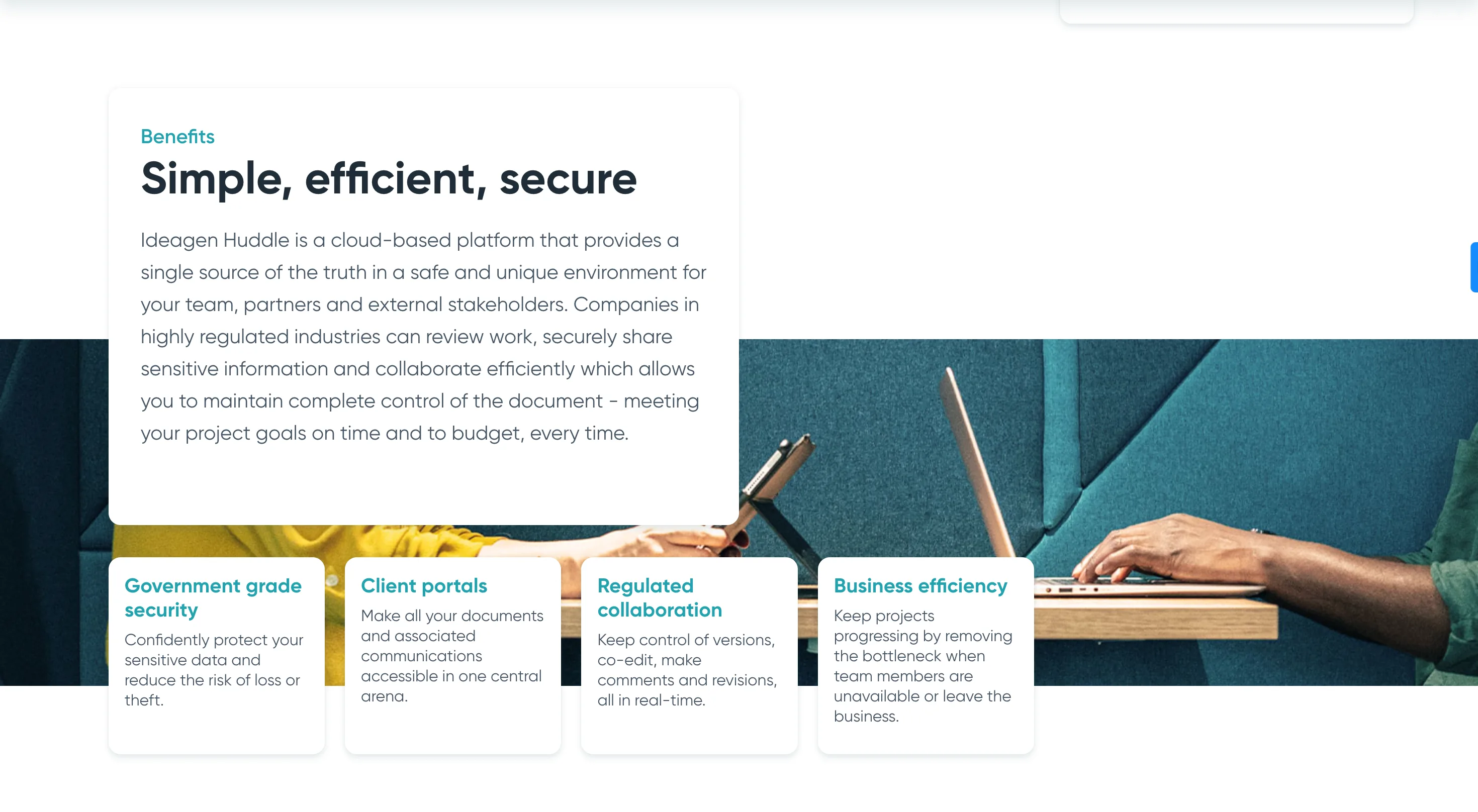 Ideagen Huddle benefits page listing government-grade security, client portals, regulated collaboration and business efficiency