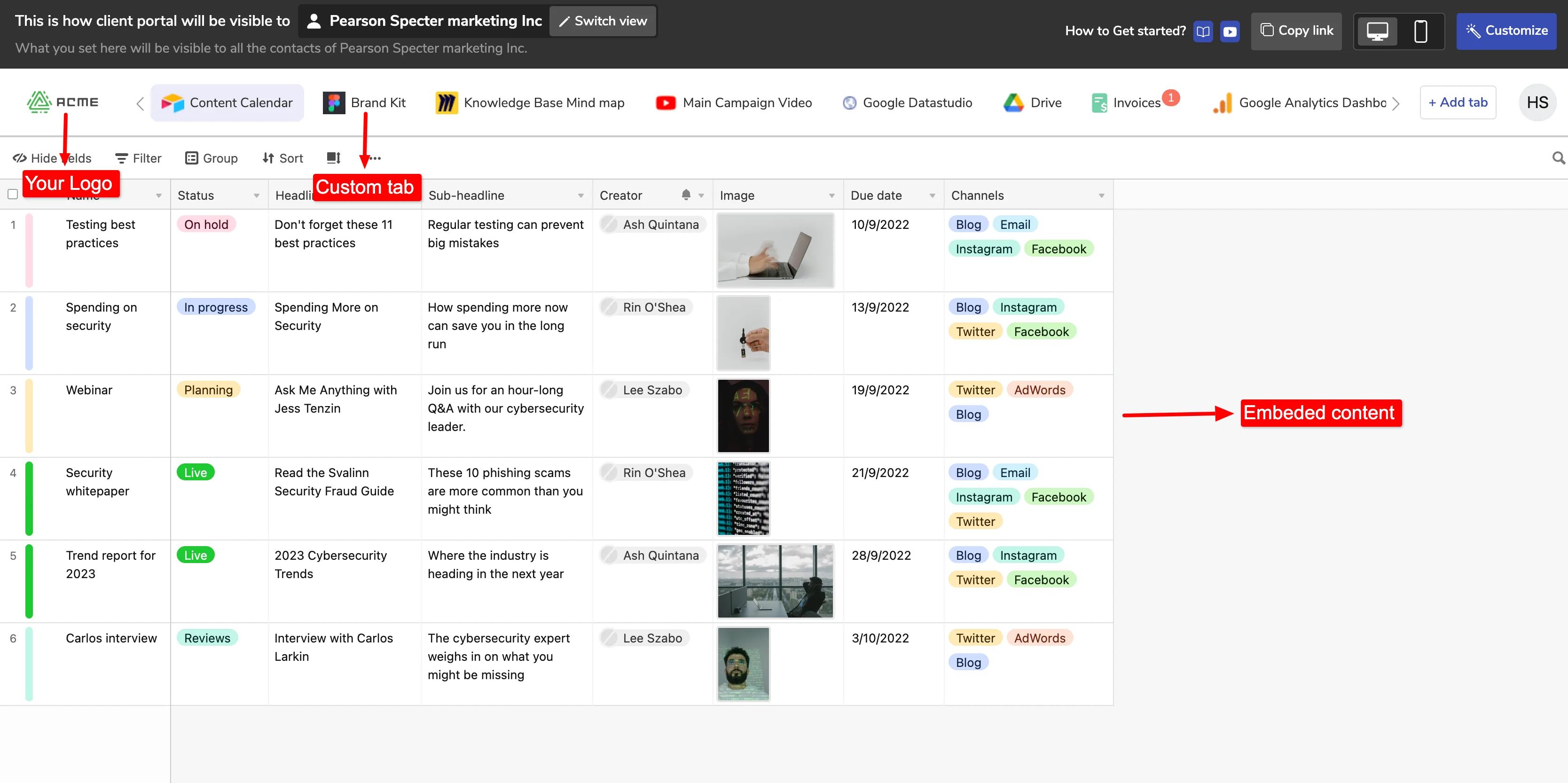 Clientjoy client portal as a client sees it, with an embedded Airtable content calendar and callouts for your logo, custom tabs and embedded content