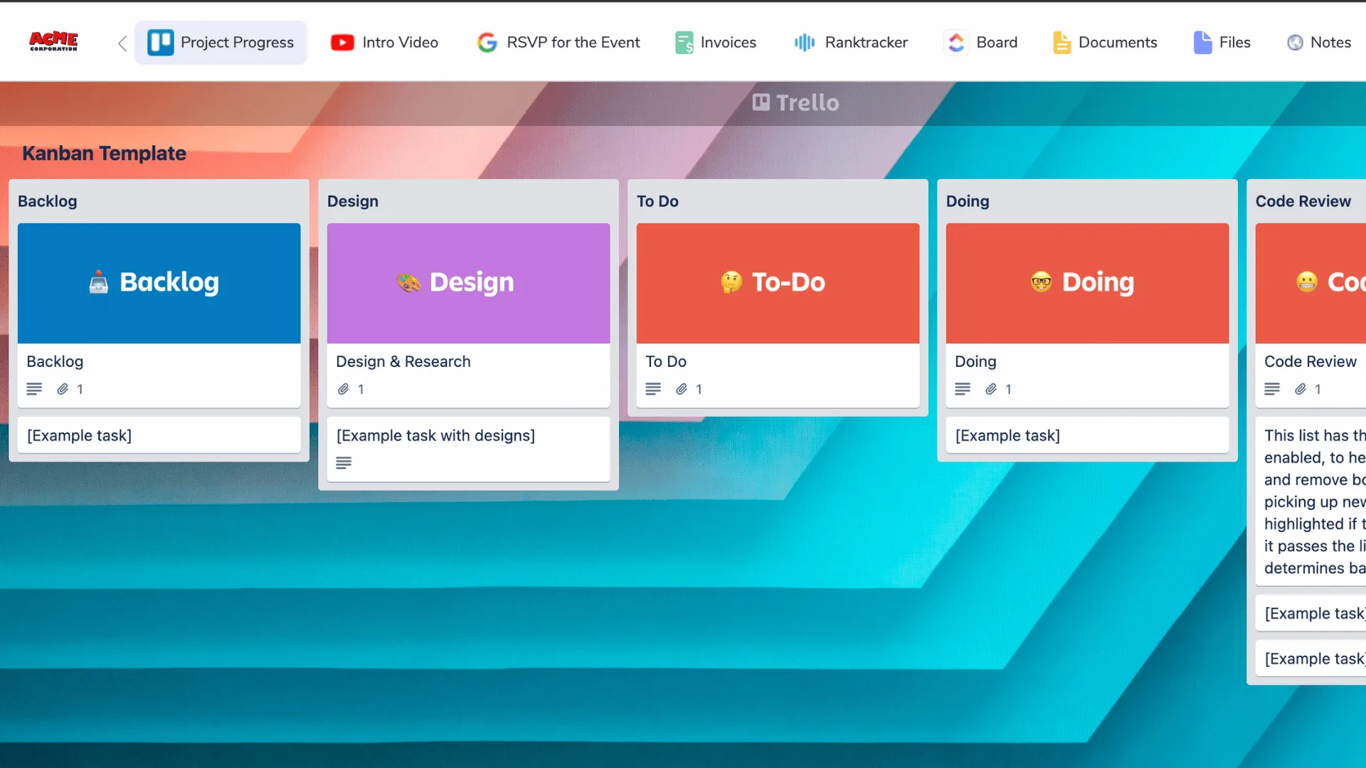Clientjoy client portal with an embedded Trello kanban board showing backlog, design, to-do, doing and code review columns