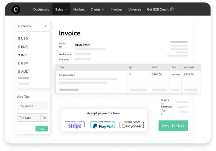 Clientjoy invoice for a logo design with a currency selector, tax settings, and Stripe, PayPal and Payoneer payment options