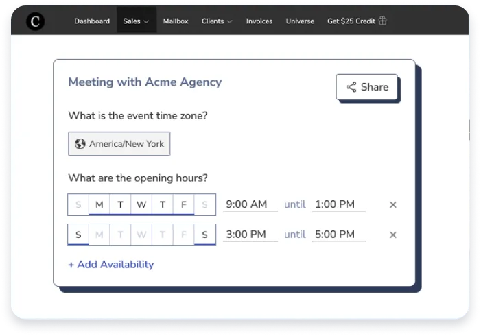 Clientjoy meeting scheduler for Acme Agency with a time zone selector, weekday and weekend opening hours, an add-availability link and a share button